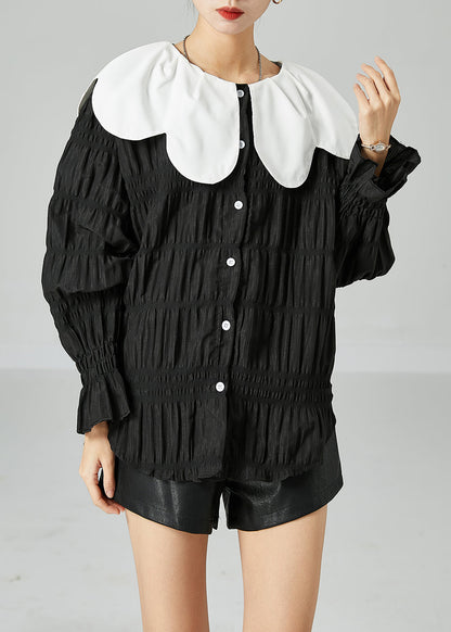 Loose Black Peter Pan Collar Patchwork Wrinkled Silk Shirt Top Spring LY2435 - fabuloryshop