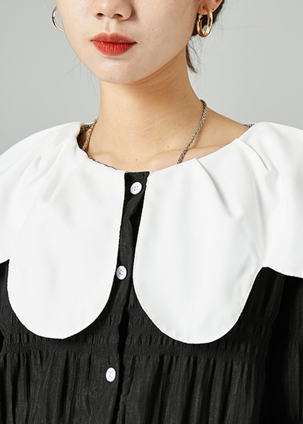 Loose Black Peter Pan Collar Patchwork Wrinkled Silk Shirt Top Spring LY2435 - fabuloryshop