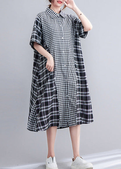 Loose Black Peter Pan Collar Plaid Patchwork Button Long Dress Summer LY0668 - fabuloryshop