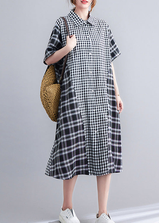 Loose Black Peter Pan Collar Plaid Patchwork Button Long Dress Summer LY0668 - fabuloryshop