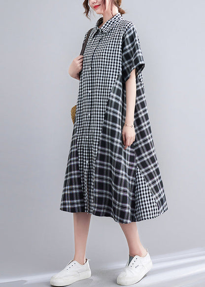 Loose Black Peter Pan Collar Plaid Patchwork Button Long Dress Summer LY0668 - fabuloryshop