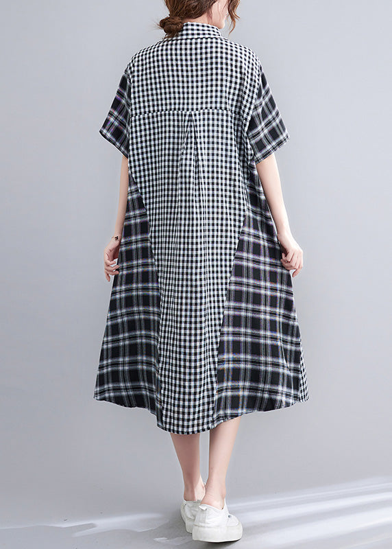 Loose Black Peter Pan Collar Plaid Patchwork Button Long Dress Summer LY0668 - fabuloryshop