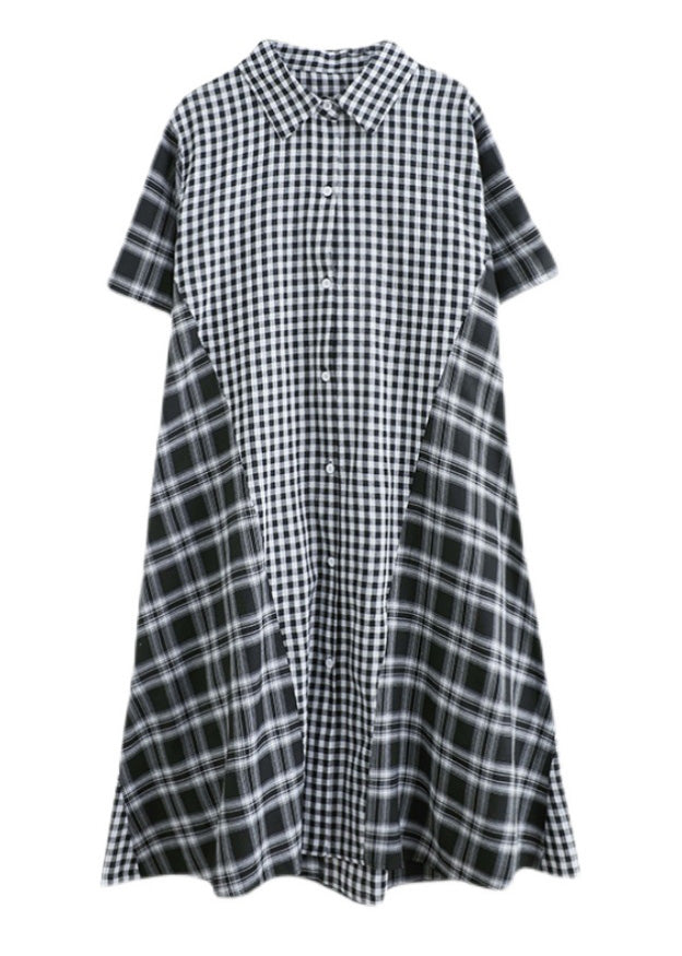 Loose Black Peter Pan Collar Plaid Patchwork Button Long Dress Summer LY0668 - fabuloryshop