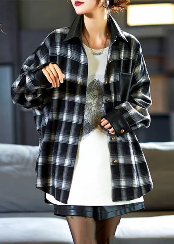 Loose Black Peter Pan Collar Plaid Side Open Button Shirt Fall Ada Fashion