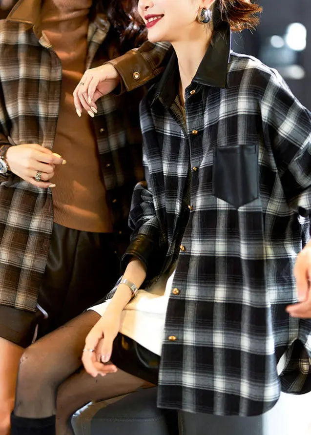 Loose Black Peter Pan Collar Plaid Side Open Button Shirt Fall Ada Fashion