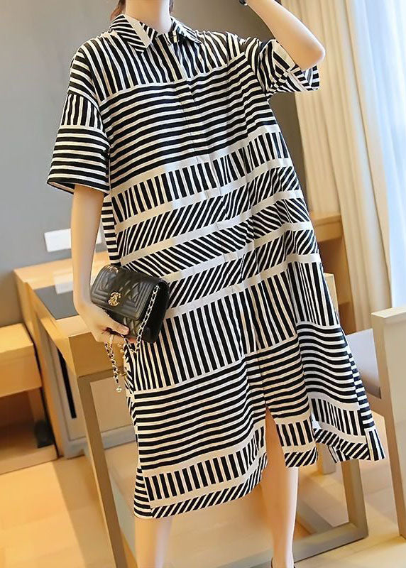 Loose Black Peter Pan Collar Striped Side Open Shirt Dress Summer LY1481 - fabuloryshop