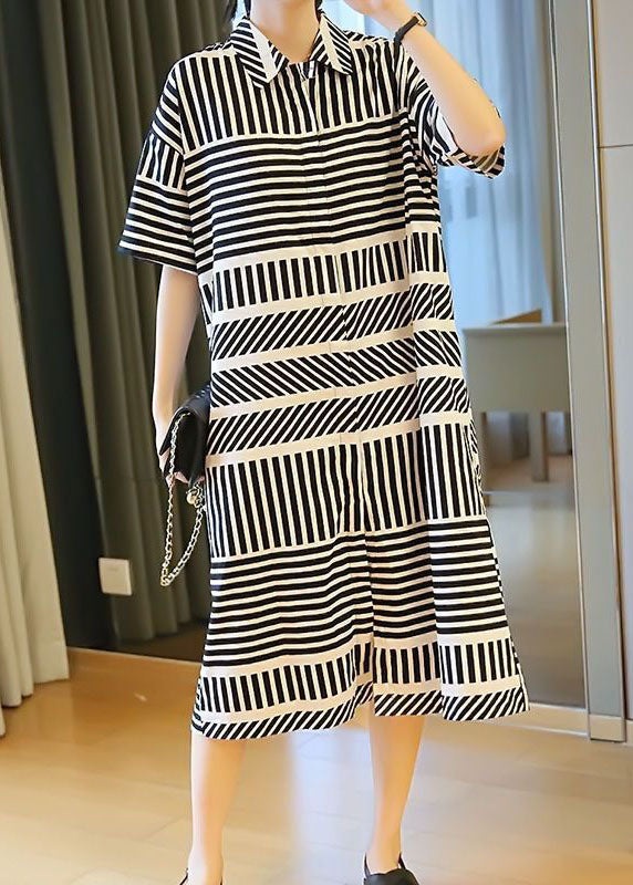 Loose Black Peter Pan Collar Striped Side Open Shirt Dress Summer LY1481 - fabuloryshop