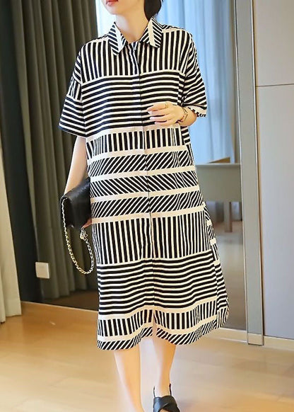 Loose Black Peter Pan Collar Striped Side Open Shirt Dress Summer LY1481 - fabuloryshop