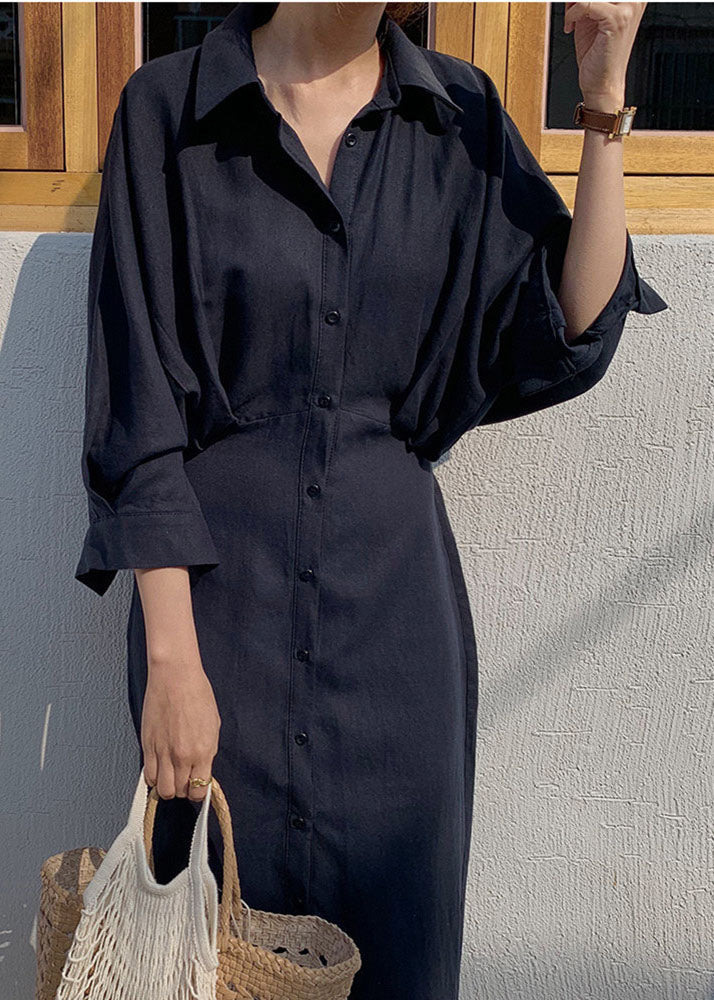 Loose Black Peter Pan Collar Tie Waist Cotton Shirt Dresses Spring LY2067 - fabuloryshop