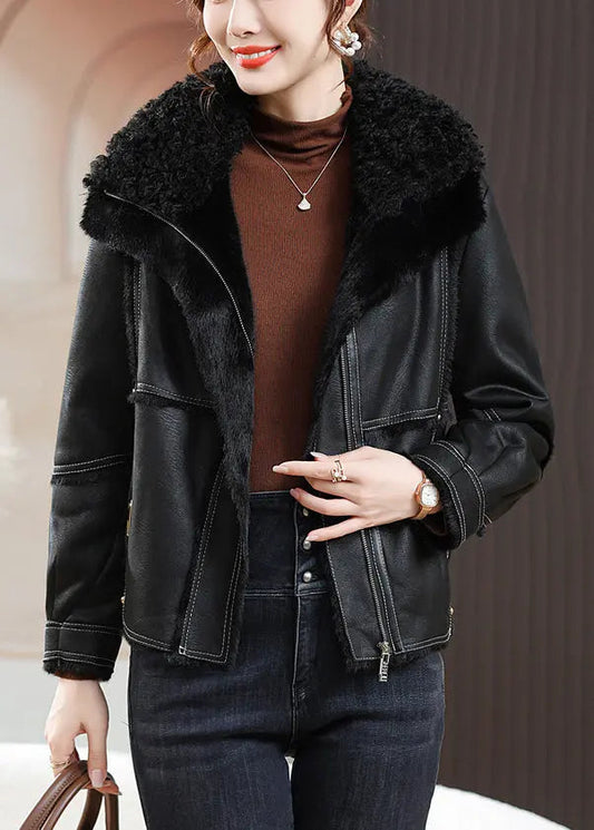 Loose Black Peter Pan Collar Zippered Fuzzy Fur Coats Winter Ada Fashion