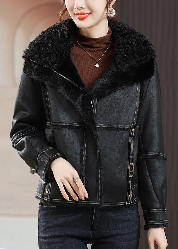 Loose Black Peter Pan Collar Zippered Fuzzy Fur Coats Winter Ada Fashion