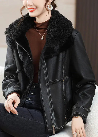 Loose Black Peter Pan Collar Zippered Fuzzy Fur Coats Winter Ada Fashion