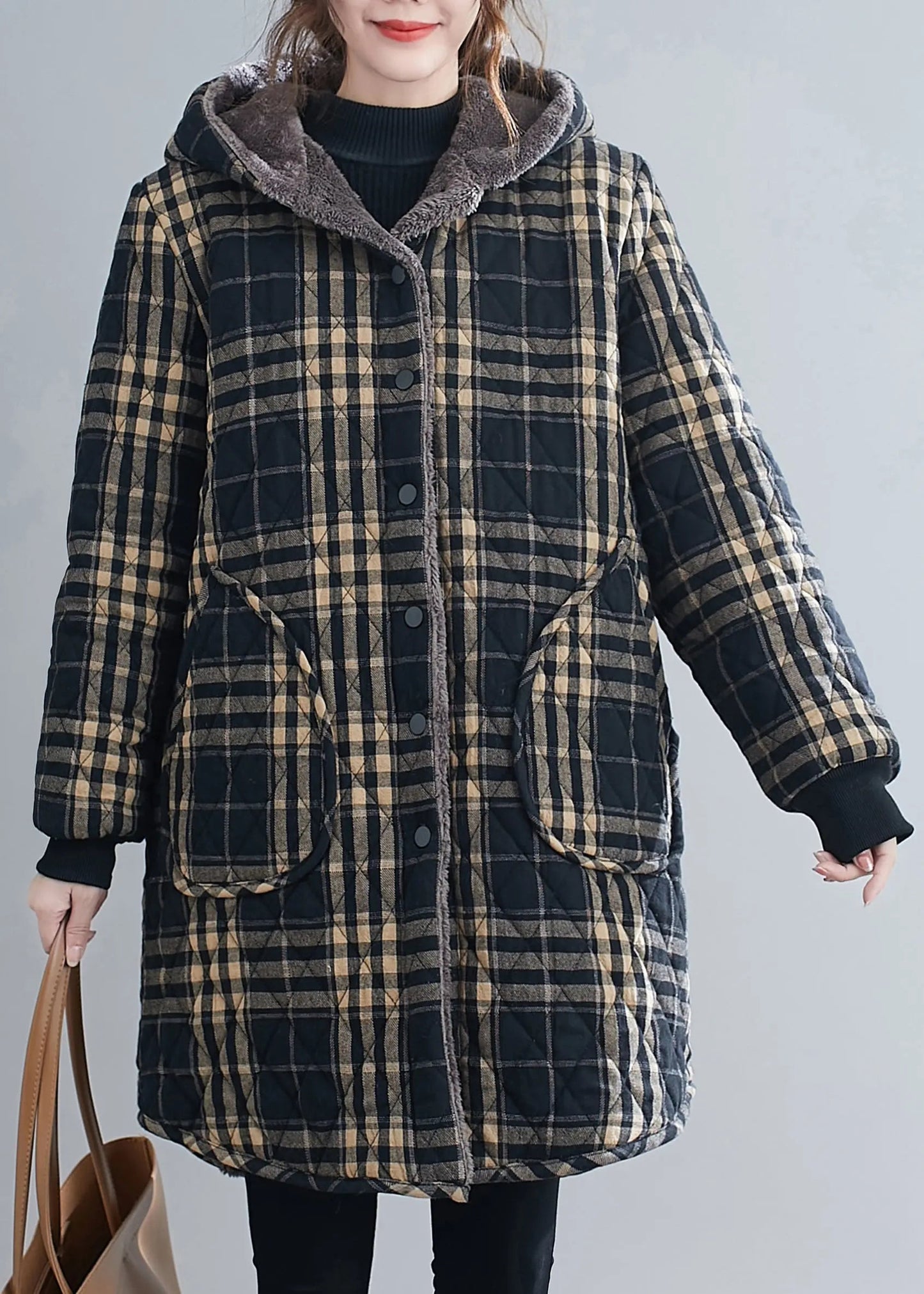 Loose Black Plaid Hooded Pockets Warm Fleece Parka Winter Ada Fashion