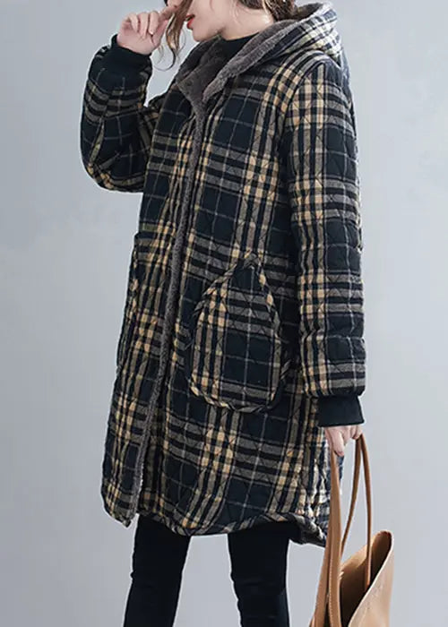 Loose Black Plaid Hooded Pockets Warm Fleece Parka Winter Ada Fashion