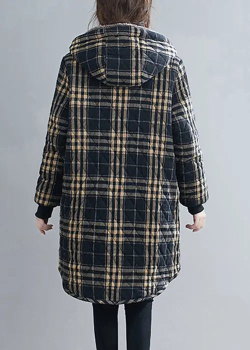 Loose Black Plaid Hooded Pockets Warm Fleece Parka Winter Ada Fashion