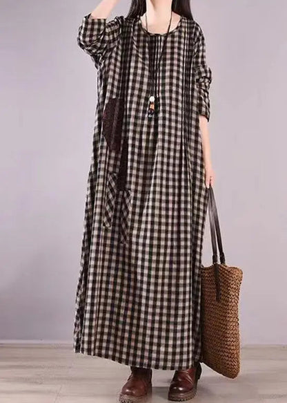 Loose Black Plaid O Neck Pockets Patchwork Cotton Dress Fall Ada Fashion