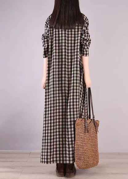 Loose Black Plaid O Neck Pockets Patchwork Cotton Dress Fall Ada Fashion