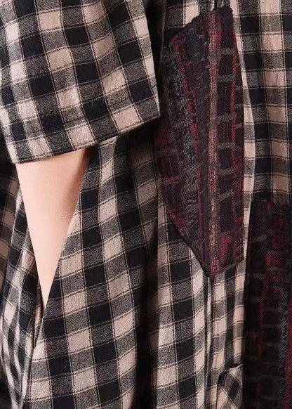 Loose Black Plaid O Neck Pockets Patchwork Cotton Dress Fall Ada Fashion