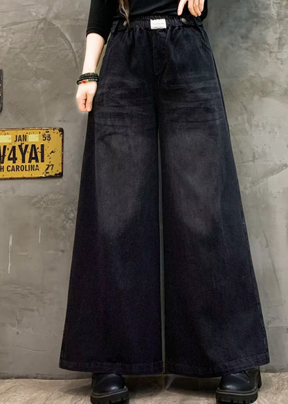 Loose Black Pockets Elastic Waist Denim Wide Leg Pants Fall Ada Fashion