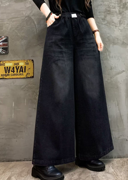 Loose Black Pockets Elastic Waist Denim Wide Leg Pants Fall Ada Fashion