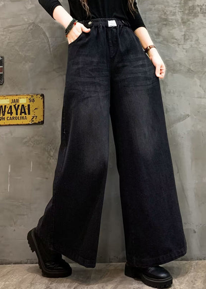 Loose Black Pockets Elastic Waist Denim Wide Leg Pants Fall Ada Fashion