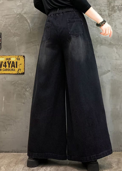 Loose Black Pockets Elastic Waist Denim Wide Leg Pants Fall Ada Fashion