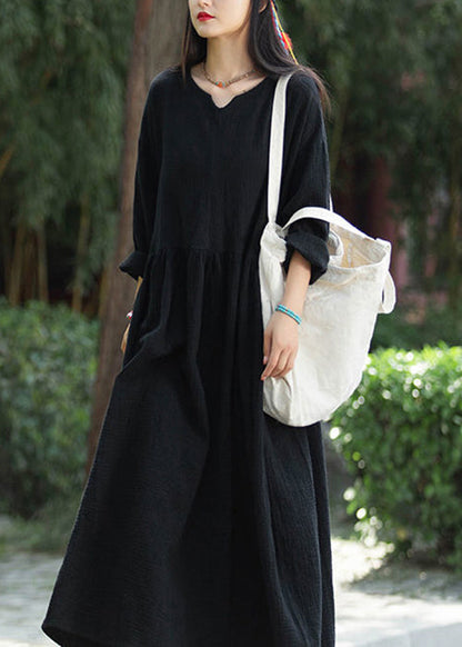 Loose Black Pockets Patchwork Linen Long Dresses Fall Ada Fashion