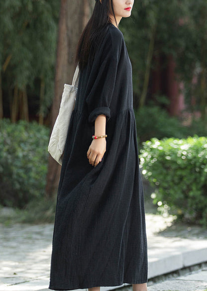 Loose Black Pockets Patchwork Linen Long Dresses Fall Ada Fashion