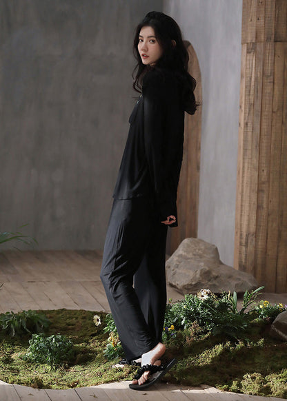 Loose Black Print Button Ice Silk Pajamas Two Pieces Set Spring TO1031 - fabuloryshop