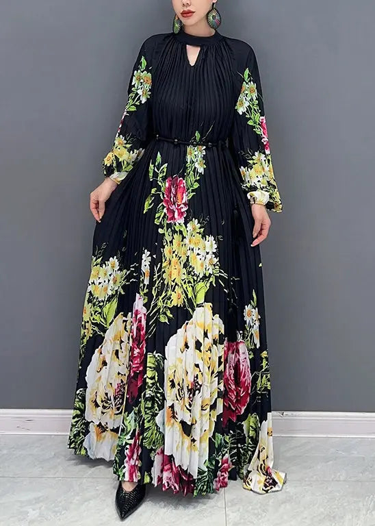 Loose Black Print Wrinkled Patchwork Chiffon Long Dresses Fall Ada Fashion