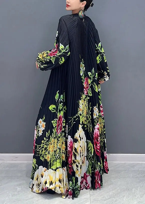 Loose Black Print Wrinkled Patchwork Chiffon Long Dresses Fall Ada Fashion