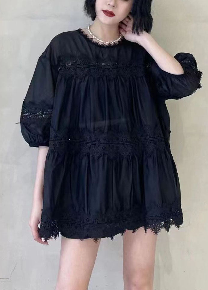 Loose Black Ruffled Lace Patchwork Silk Cotton Top Fall Ada Fashion