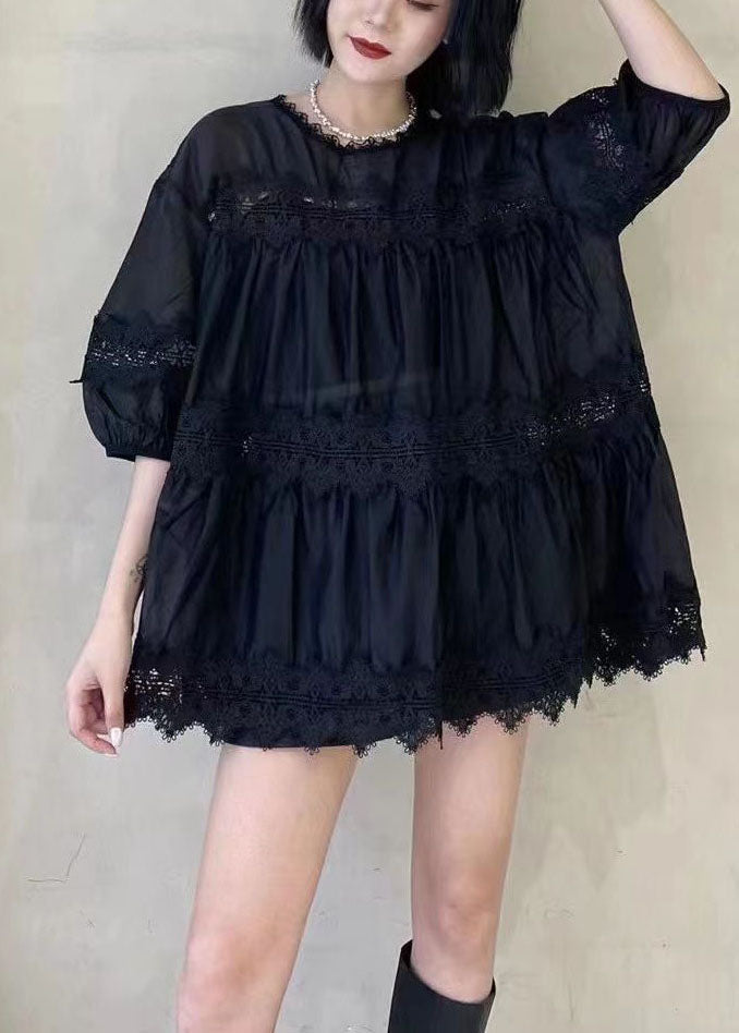 Loose Black Ruffled Lace Patchwork Silk Cotton Top Fall Ada Fashion