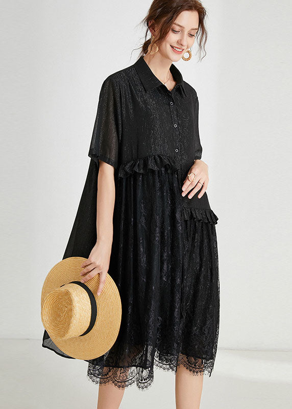 Loose Black Ruffles Lace Patchwork Chiffon Dress Summer LY0027 - fabuloryshop