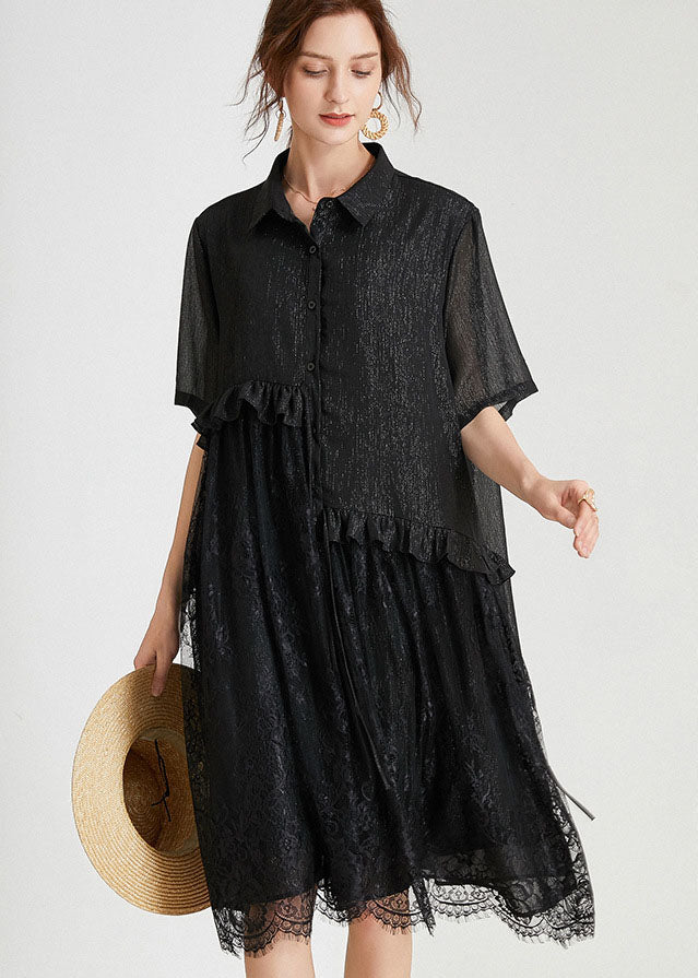 Loose Black Ruffles Lace Patchwork Chiffon Dress Summer LY0027 - fabuloryshop