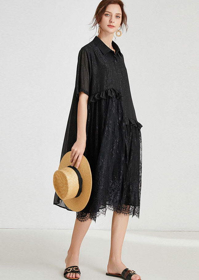 Loose Black Ruffles Lace Patchwork Chiffon Dress Summer LY0027 - fabuloryshop