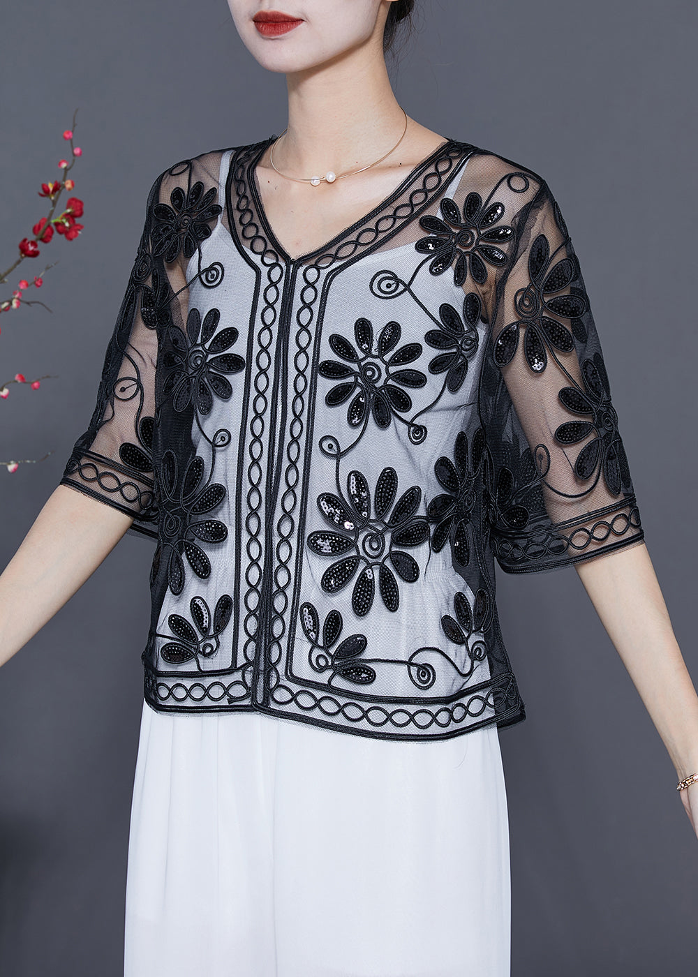 Loose Black Sequins Hollow Out Tulle Cardigan Half Sleeve LY5551 - fabuloryshop