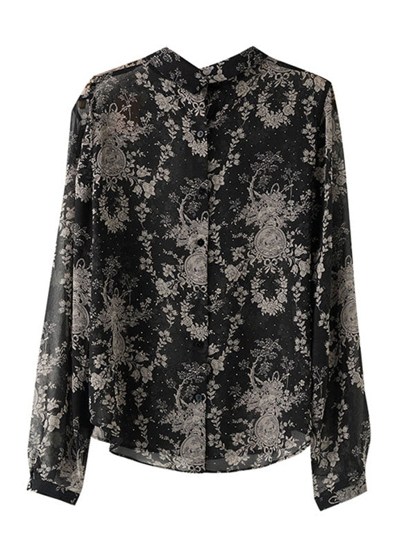 Loose Black Square Collar Print Zircon Chiffon Top Fall Ada Fashion