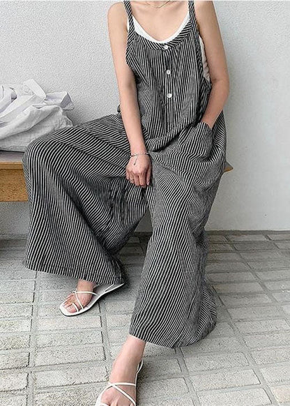 Loose Black Striped Cotton Spaghetti Strap Jumpsuit Summer LY2191 - fabuloryshop