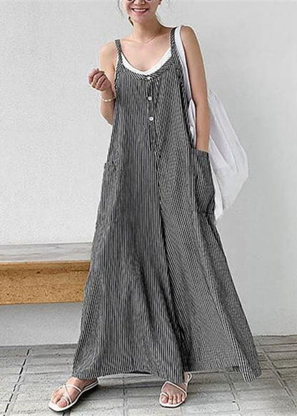 Loose Black Striped Cotton Spaghetti Strap Jumpsuit Summer LY2191 - fabuloryshop