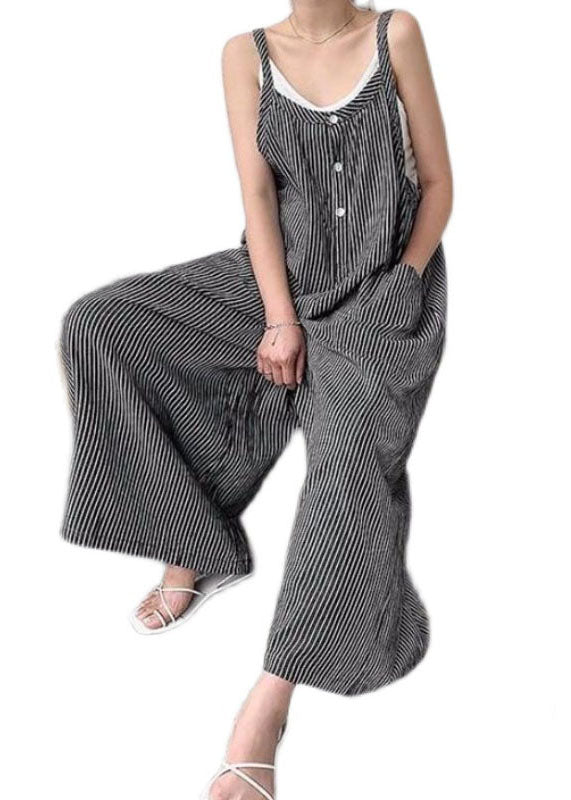 Loose Black Striped Cotton Spaghetti Strap Jumpsuit Summer LY2191 - fabuloryshop