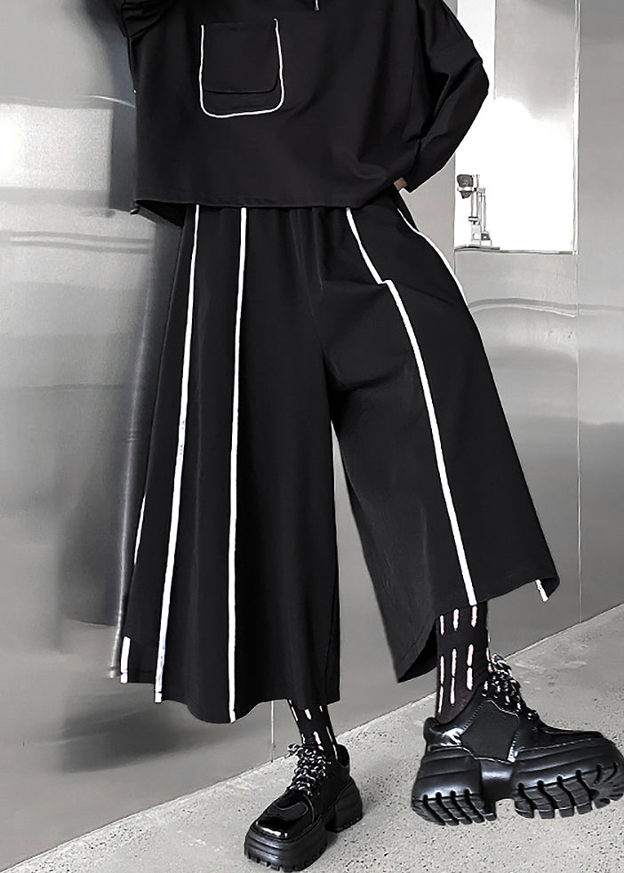 Loose Black Striped Elastic Waist Patchwork Cotton Wide Leg Pants Fall Ada Fashion