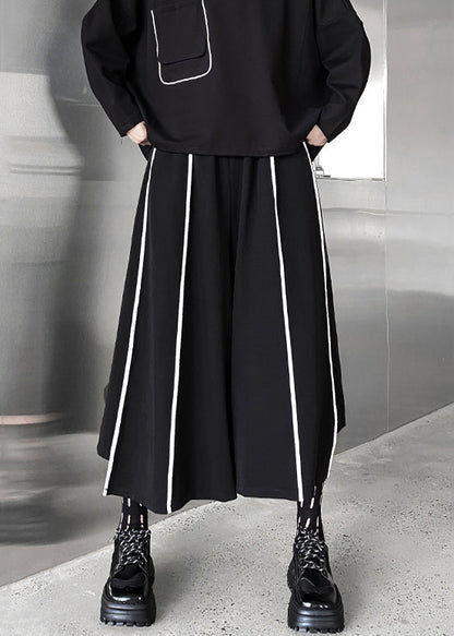 Loose Black Striped Elastic Waist Patchwork Cotton Wide Leg Pants Fall Ada Fashion