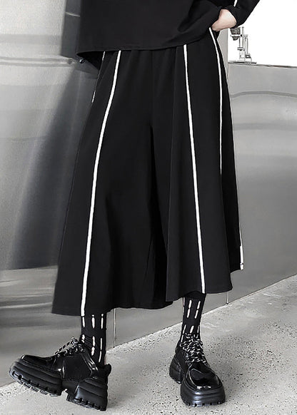 Loose Black Striped Elastic Waist Patchwork Cotton Wide Leg Pants Fall Ada Fashion