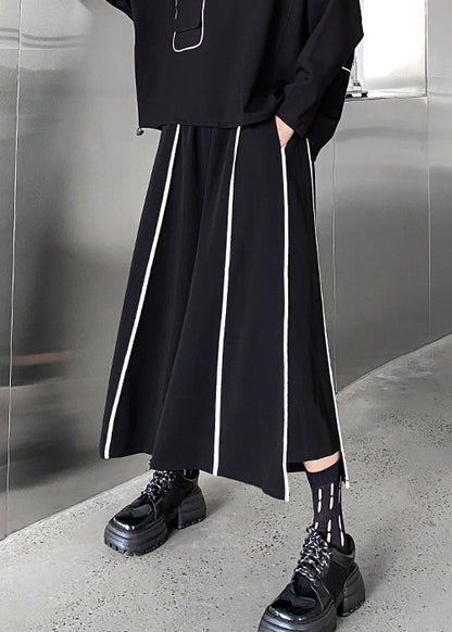 Loose Black Striped Elastic Waist Patchwork Cotton Wide Leg Pants Fall Ada Fashion