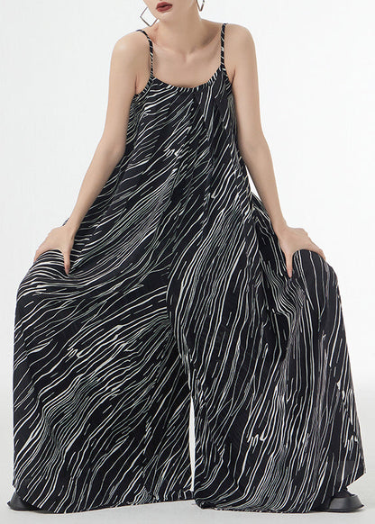 Loose Black Striped Patchwork Silk Cotton Wide Leg Jumpsuits Sleeveless Ada Fashion