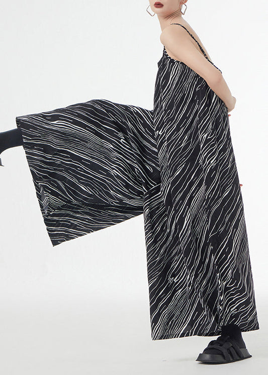Loose Black Striped Patchwork Silk Cotton Wide Leg Jumpsuits Sleeveless Ada Fashion