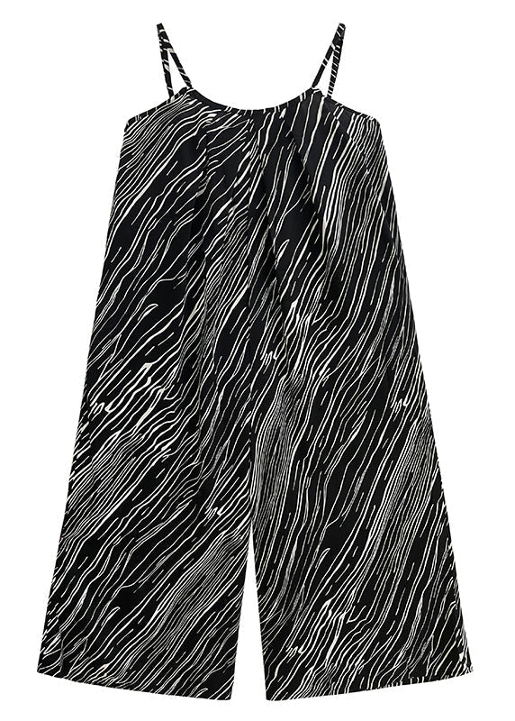 Loose Black Striped Patchwork Silk Cotton Wide Leg Jumpsuits Sleeveless Ada Fashion