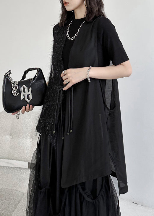 Loose Black Tasseled Chinese Button Patchwork Chiffon Waistcoat Sleeveless Ada Fashion