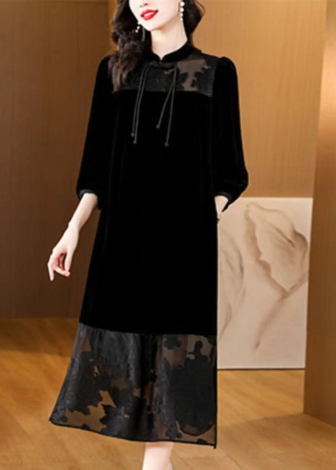 Loose Black Tulle Patchwork Side Open Silk Velour Dress Bracelet Sleeve Ada Fashion